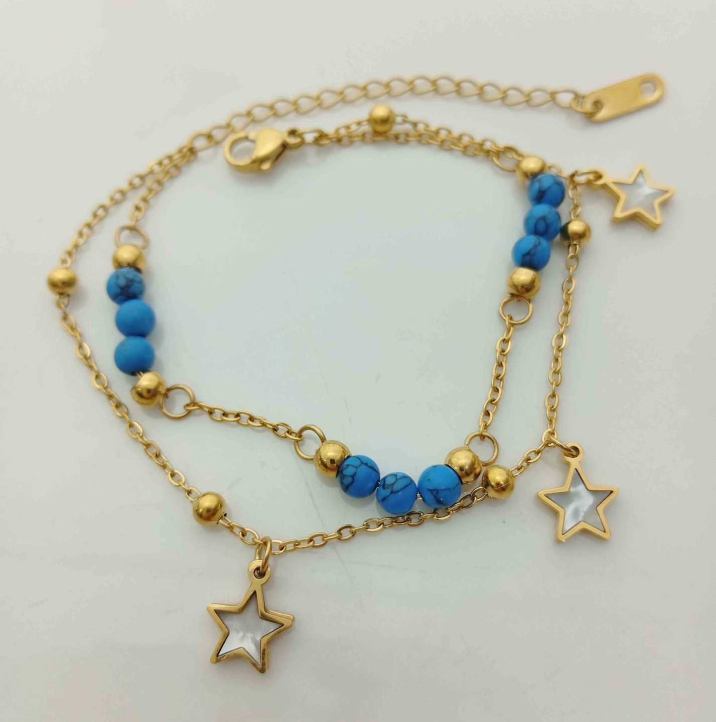 Pulsera Dorado Doble Piedra Turquesa y 3 Estrella