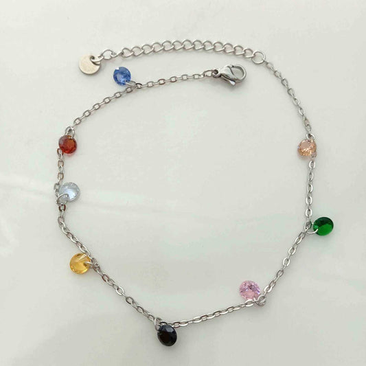Tobillera Plateado Colgante 8 Cristales Colores