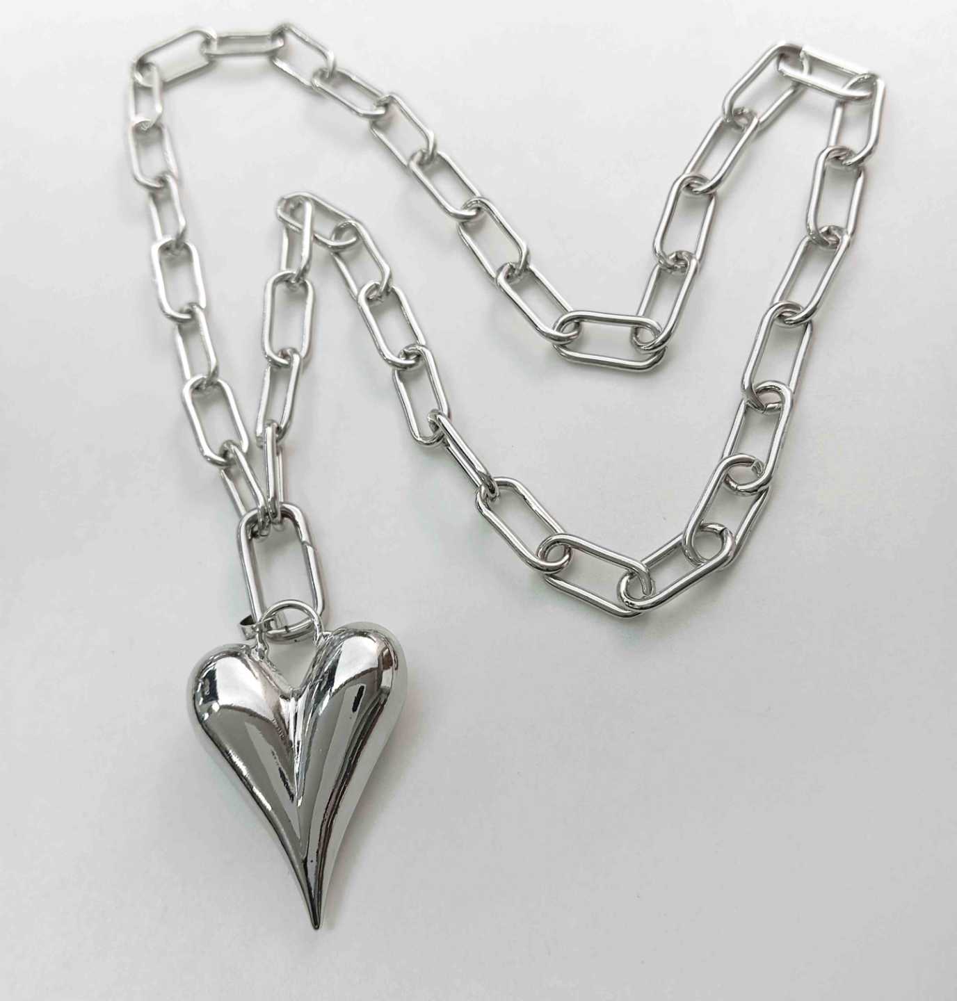 Collar Bañado Plata Eslabon Colgande Corazon 45cm