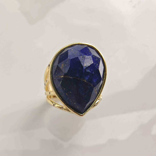 Anillo Bañado Oro Gota Piedras Lapislazuli Ajustable