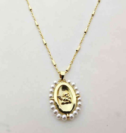 Collar Bañado Oro Colgante Angel Perla Cenefa 45cm