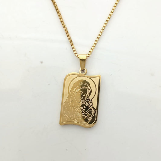 Collar de Acero Dorado Virgen Maria Cuadrada 30x18mm