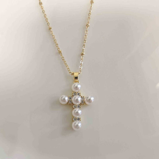 Collar Bañado Oro Colgante Cruz Perla Mallorca