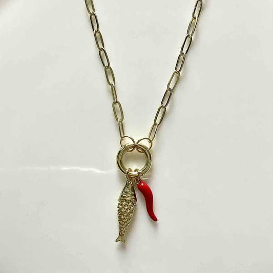 Collar Bañado Oro Colgante Pez y Aji Rojo 45+5cm