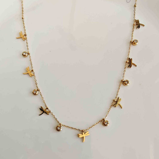 Collar de Acero Dorado 7 Lipelulas y 6 Punto Luz