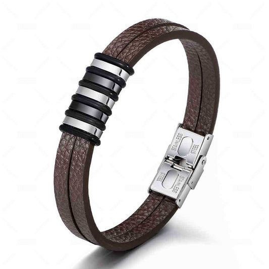 Pulsera Hombre Plateada Cuero Café
