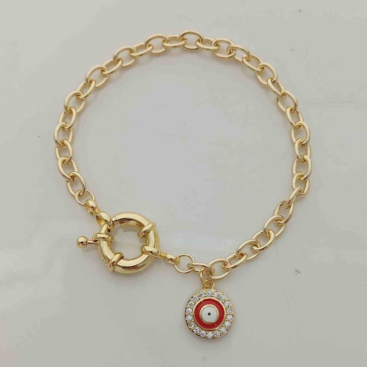 Pulsera Bañado Oro Broche Timon Colgante Ojo Turco Rojo