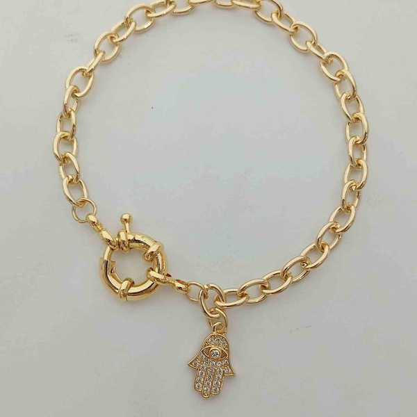 Pulsera Bañado en Oro Timon Eslabon Colgante Mano Fatima Circones