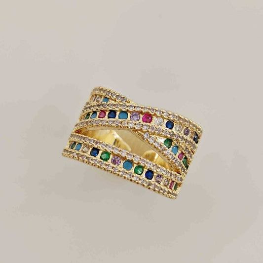 Anillo Banda Ancha Bañado en Oro 18k Multiíneas Circones Multicolores Ajustable