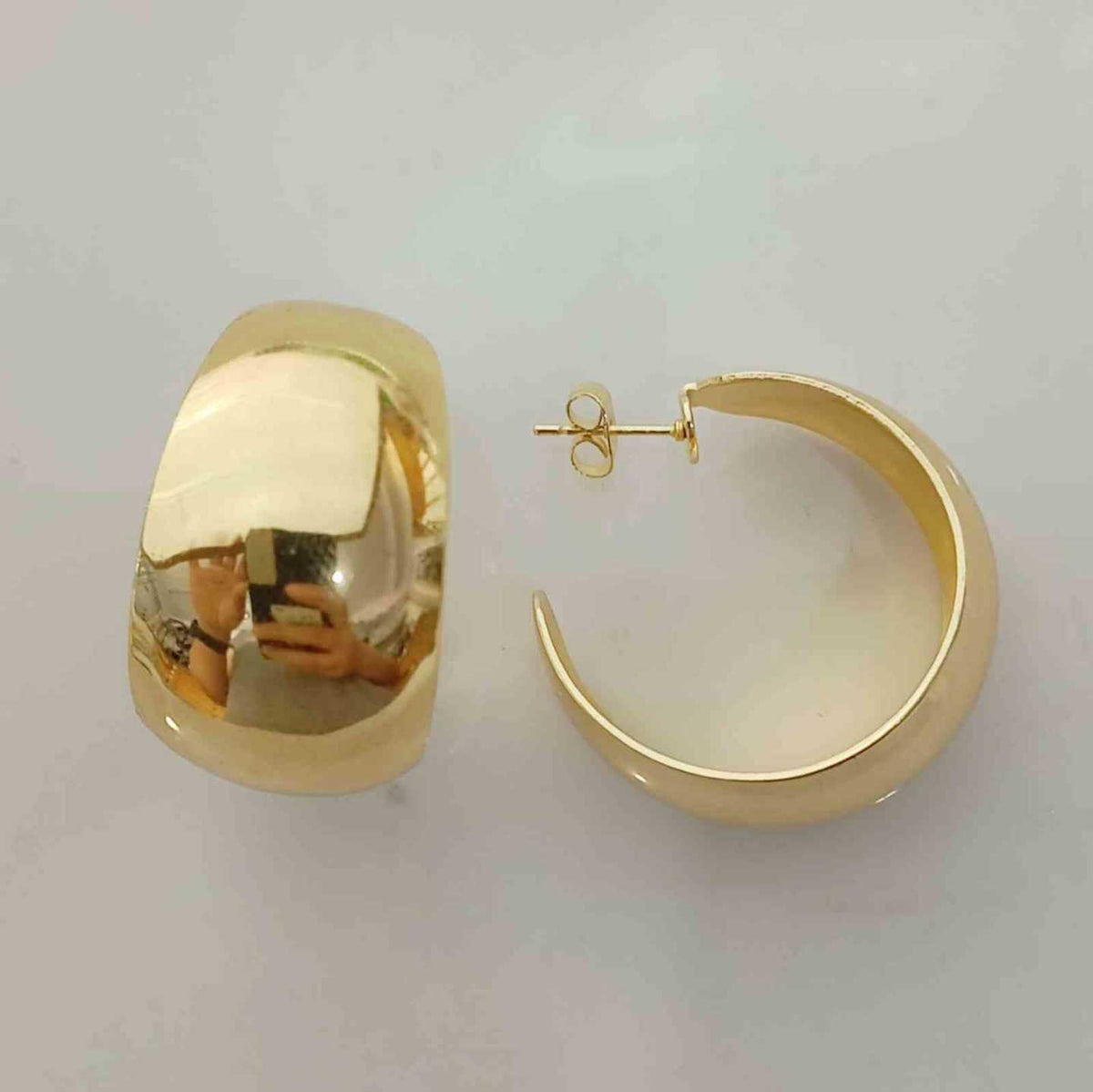 Aros Argolla C Abierta Chunky Domo Lisa Dorada Baño Oro 18K Espejo Abombada Talla M Statement 32x18mm