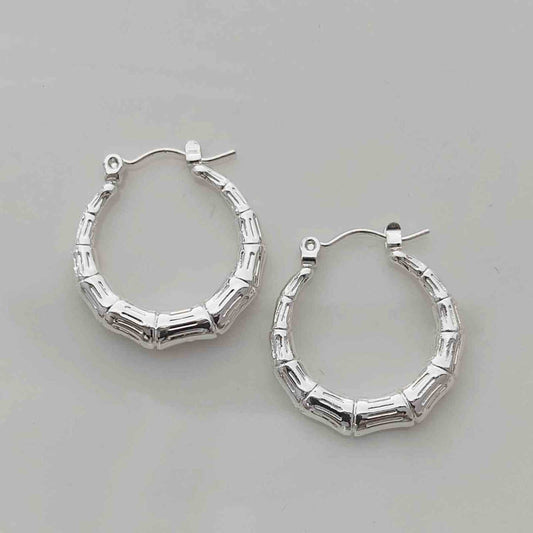Aros Argolla Circular Bambú Plateada Acero Inoxidable Segmentos Nudos Relieve Clásico Bamboo Hoops 25mm
