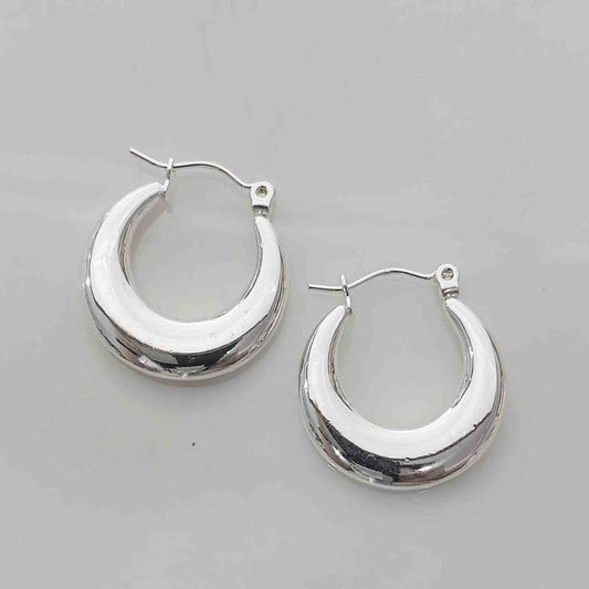 Aros Argolla Circular Chunky Crescent Luna Creciente Lisa Plateada Espejo Acero Inoxidable Abombada Volumétrica Statement 24mm