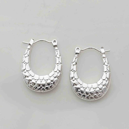 Aros Argolla Ovalada Ancha Plateada Acero Inoxidable Textura Piel Serpiente Cocodrilo Escamas Relieve Statement 25x19mm