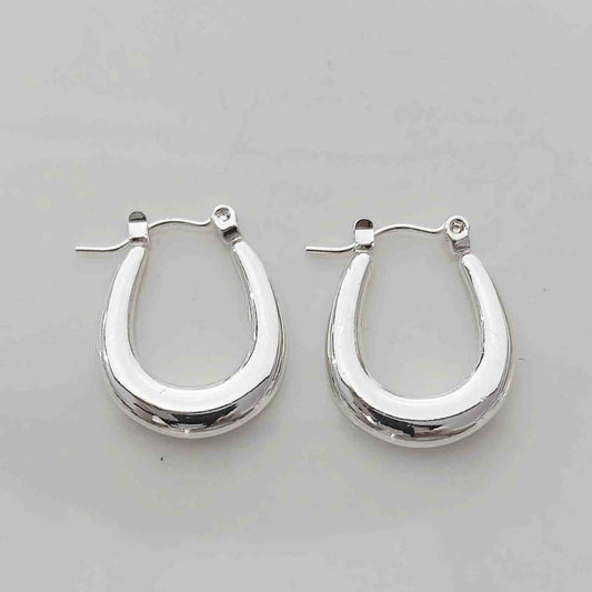 Aros Argolla Ovalada Chunky Hoops Lisa Plateada Espejo Acero Inoxidable Abombada Volumétrica Minimalista Clean 23x19mm