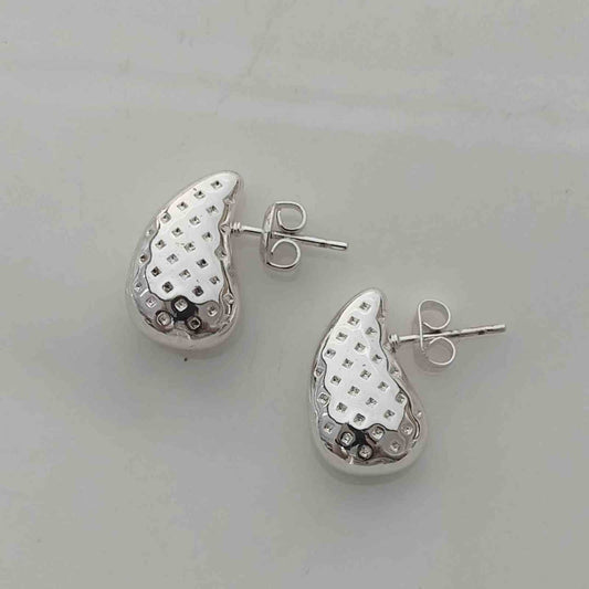 Aros Tope Gota Volumétrica Plateada Acero Inoxidable Textura Hoyuelos Cuadrícula Hueca 13mm Tendencia Lujo