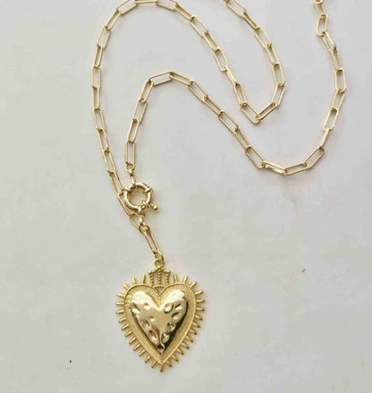 Collar Largo Bañado en Oro 18k Colgante Corazón Sagrado Grande Cadena Paperclip 60cm