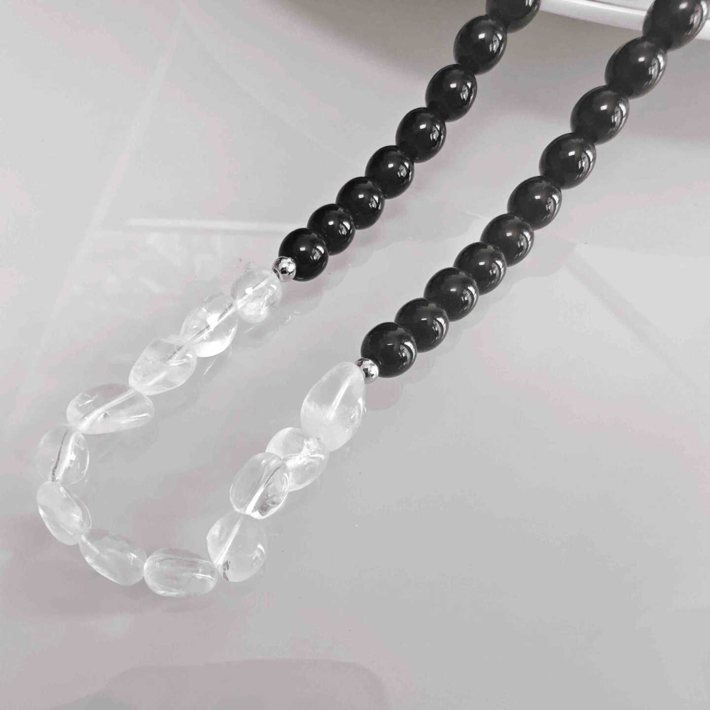Collar Largo Cristal Negro y Cuarzo Blanco Natural Piedras Semipreciosas Bicolor