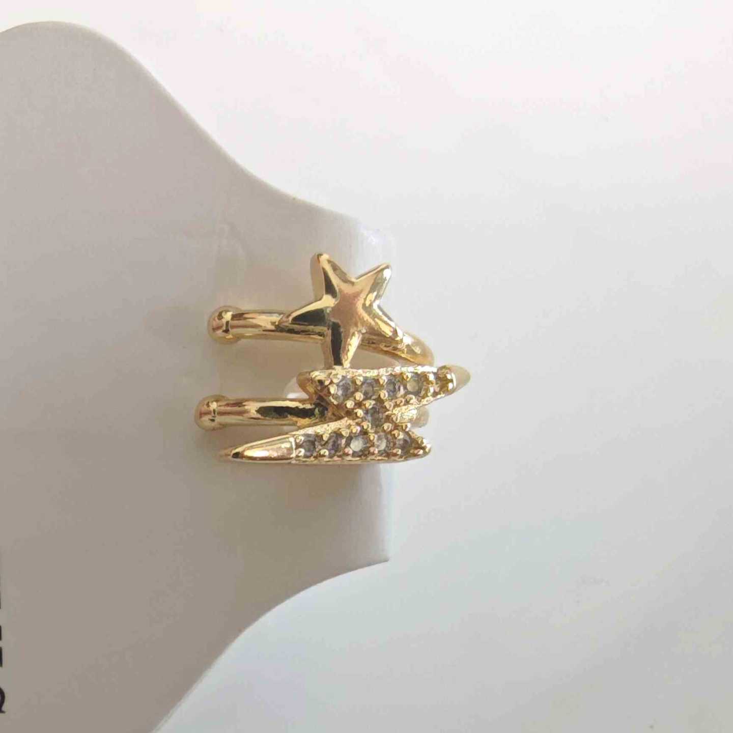 Ear Cuff Bañado en Oro 18k Doble Banda Estrella y Rayo con Circones