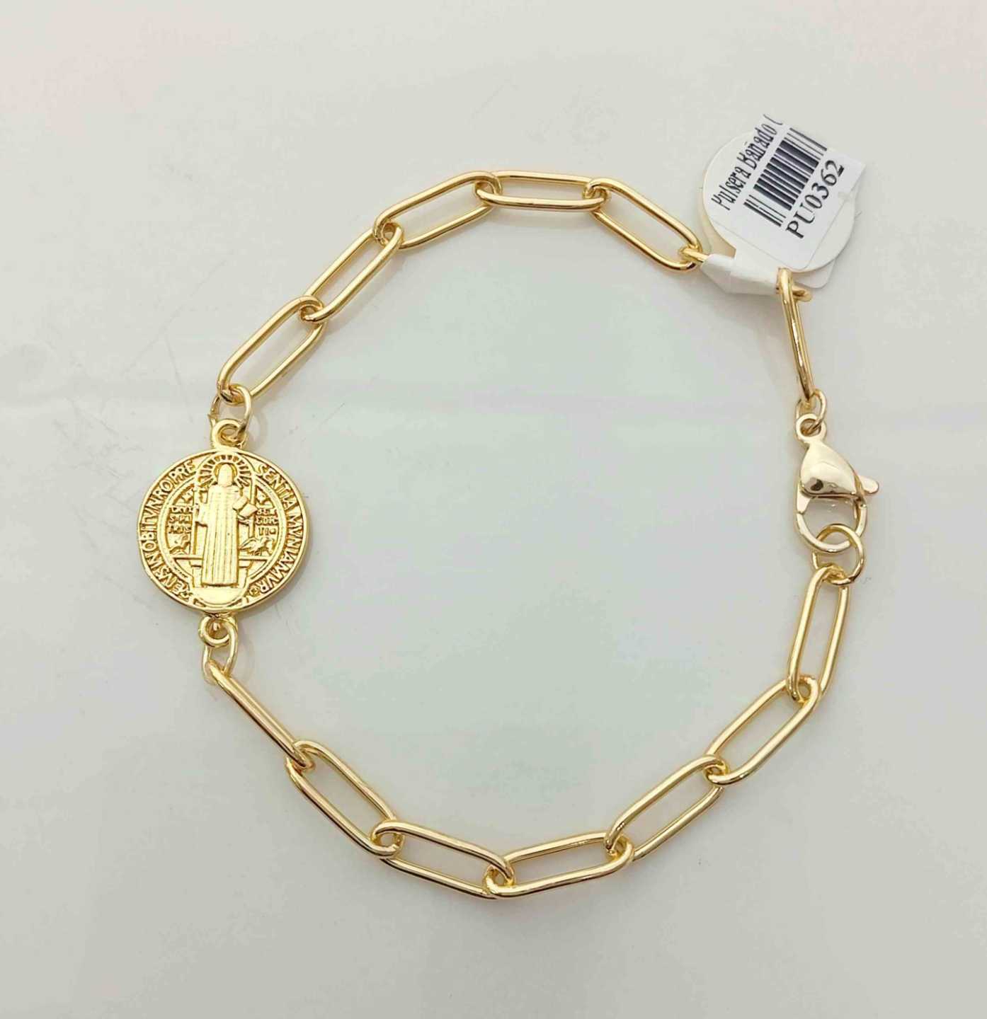Pulsera Bañada en Oro 18k Cadena Paperclip con Medalla San Benito Lisa Colgante