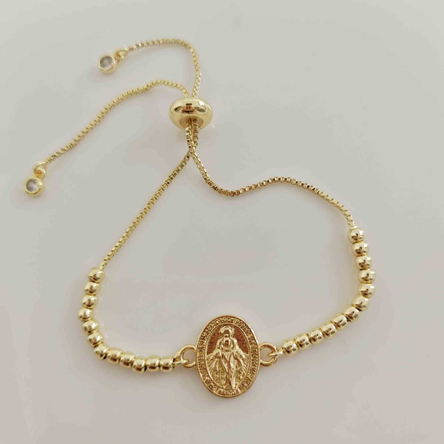 Pulsera Bañada en Oro 18k Medalla Virgen Milagrosa Oval Bolitas Bolo Ajustable