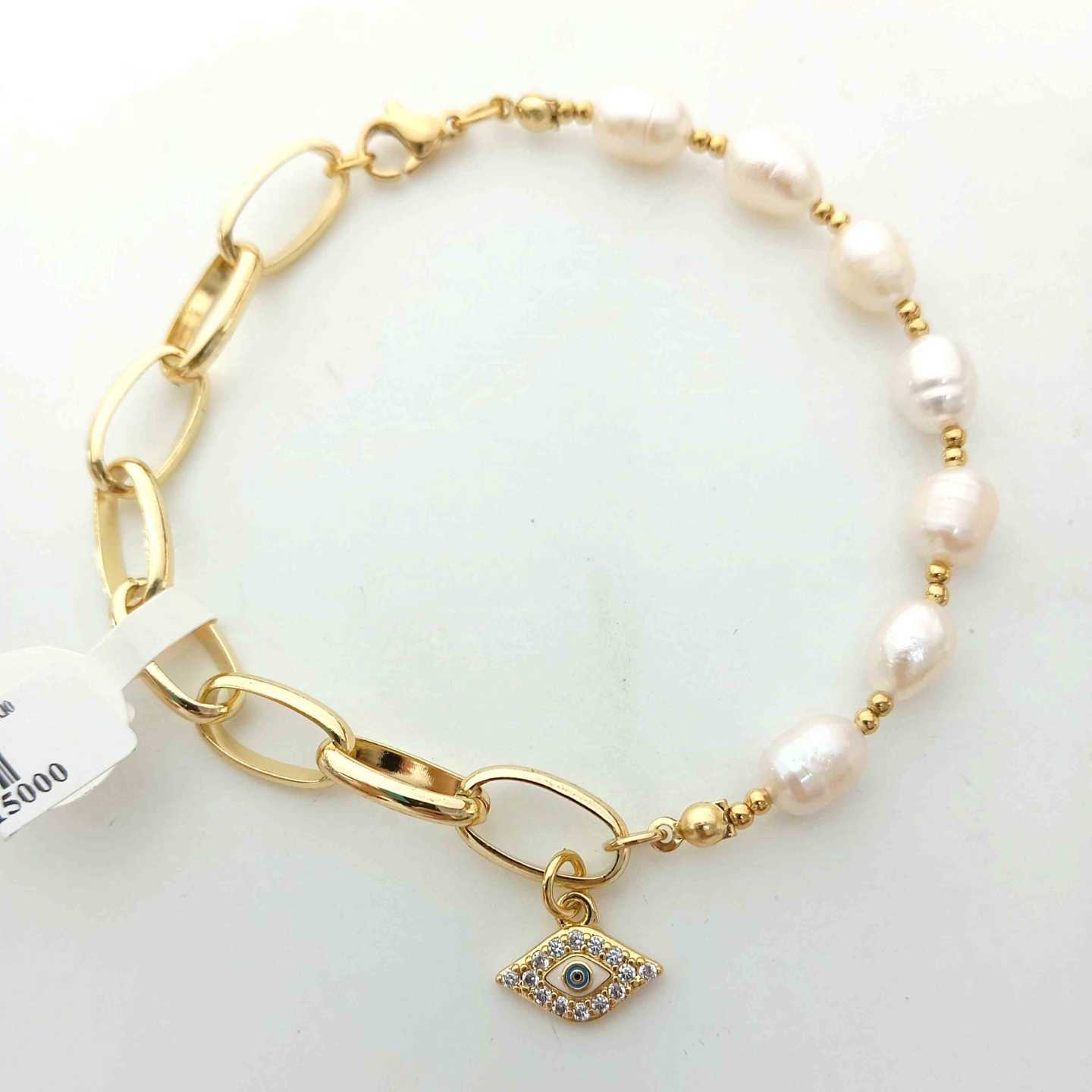 Pulsera Bañada en Oro 18k Perlas de Río y Cadena Paperclip con Dije Ojo Turco Pavé Circones
