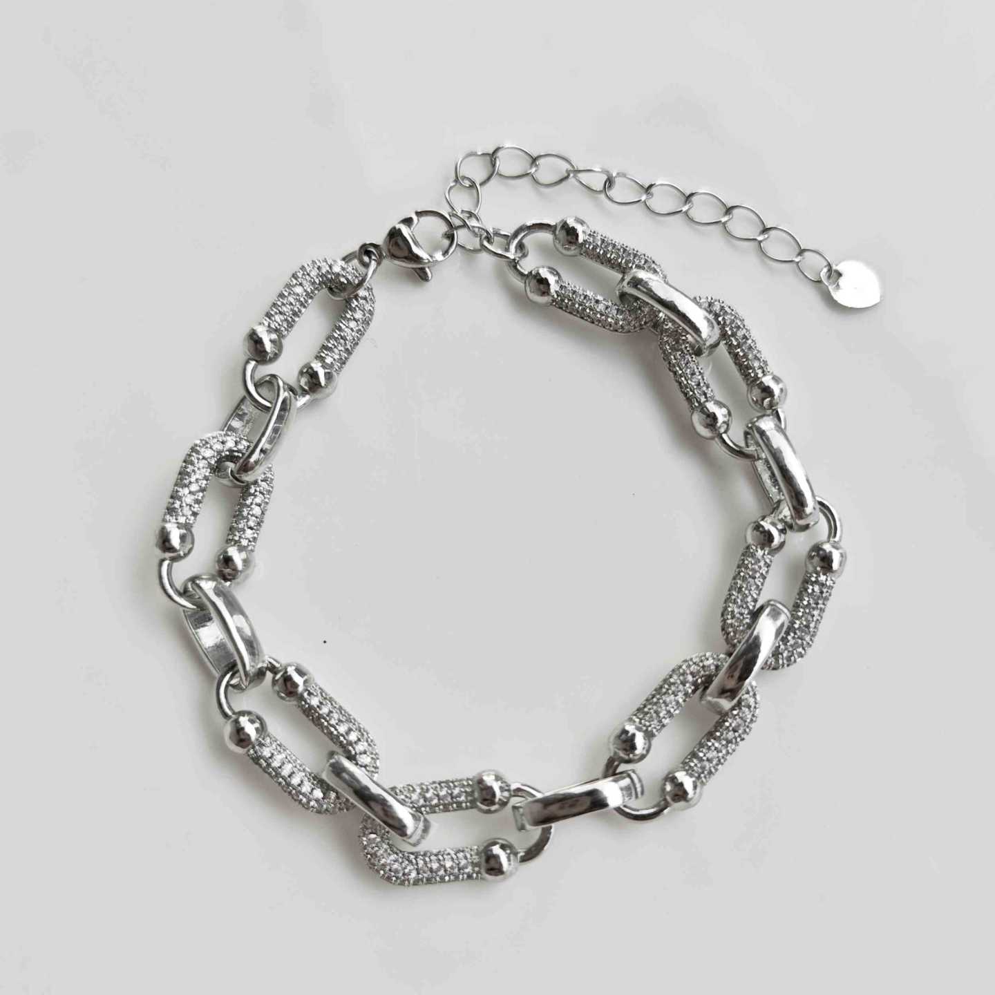 Pulsera Bañada en Plata Cadena Eslabón Herradura Pavé Micro Circones Chunky Ajustable