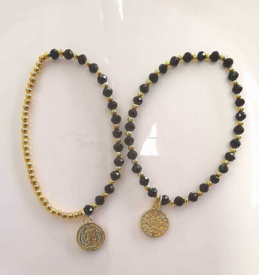 Pulsera Dorado Cristal Negro Colgante Dijes Varios