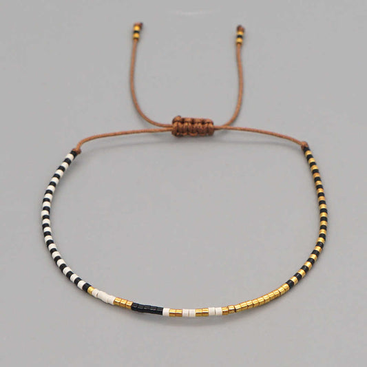 Pulsera Miyuki Microcuentas Japonesas Rayas Blanco Negro Dorado Ajustable Minimalista Delicada Tendencia