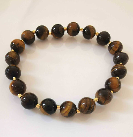 Pulsera Piedras Naturales Ojo de Tigre Esferas Grandes Separadores Dorados Elástica Energía Protección
