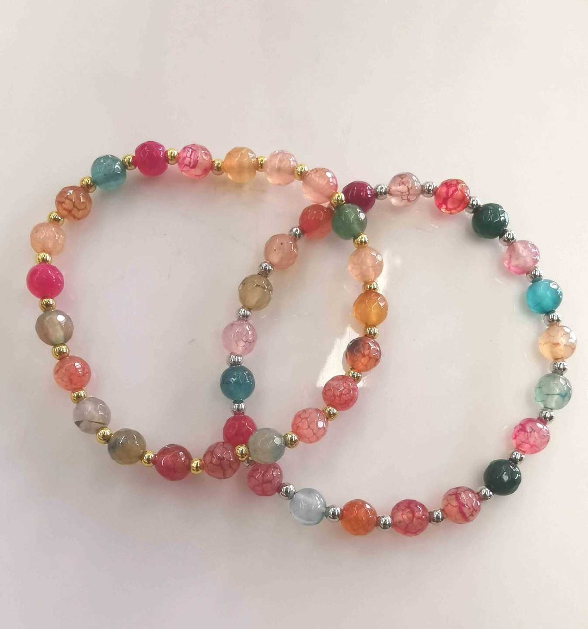 Pulsera Ágata Natural Multicolor Facetada Esferas 6mm Separadores Dorados Plateados Elástica Energía Colorida Boho