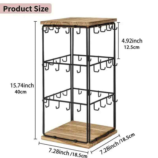 Torre Exhibidora Giratoria Joyería 3 Niveles Metal Negro y Madera 18.5x40cm