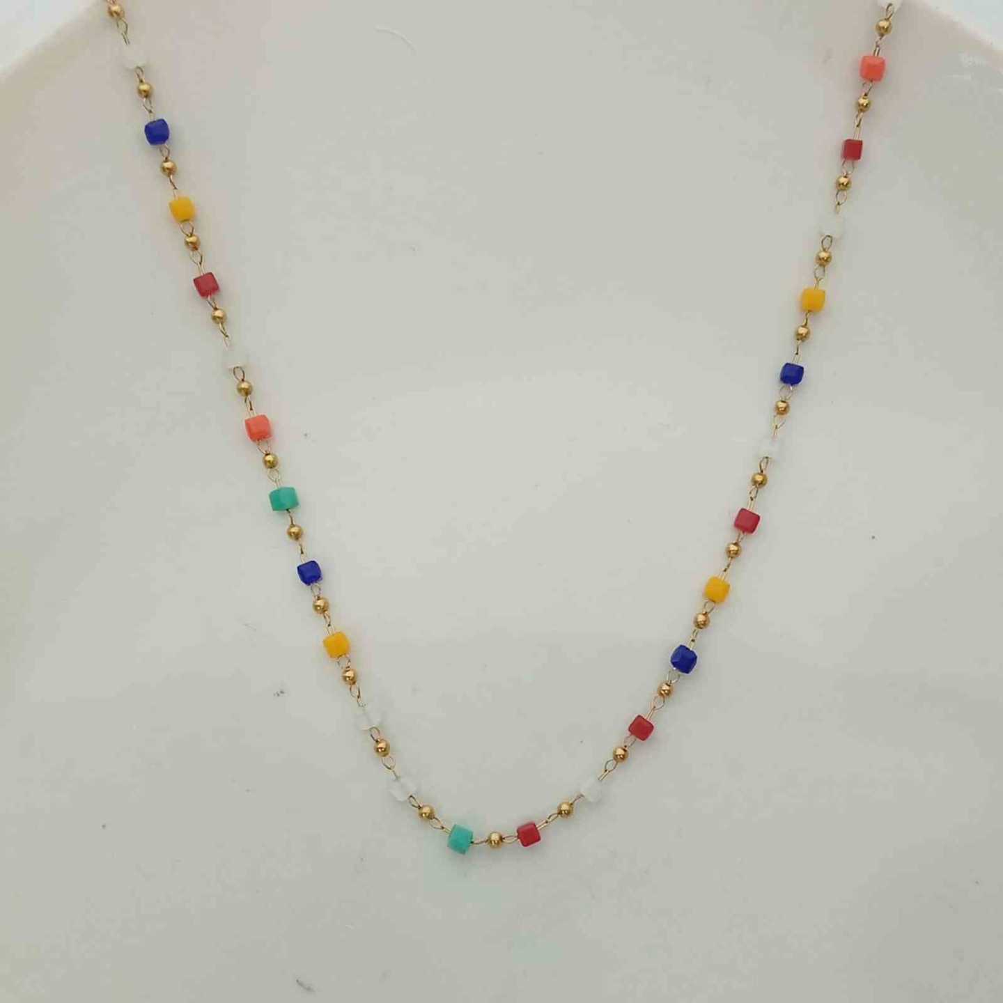 Collar de Acero Dorado Cristales Colores Cuadrado 45+5cm
