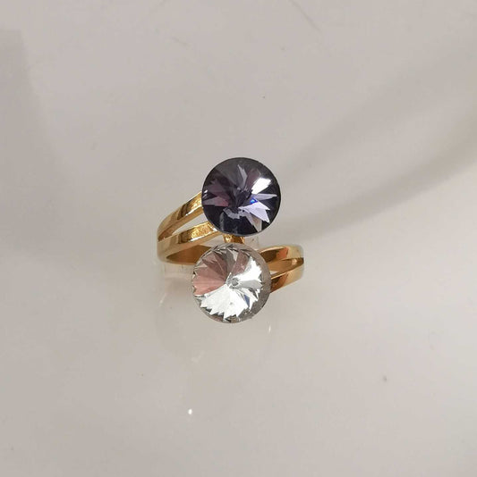 Anillo Acero inoxidable Dorado 2 Cristales Redondo Blanco y Lila