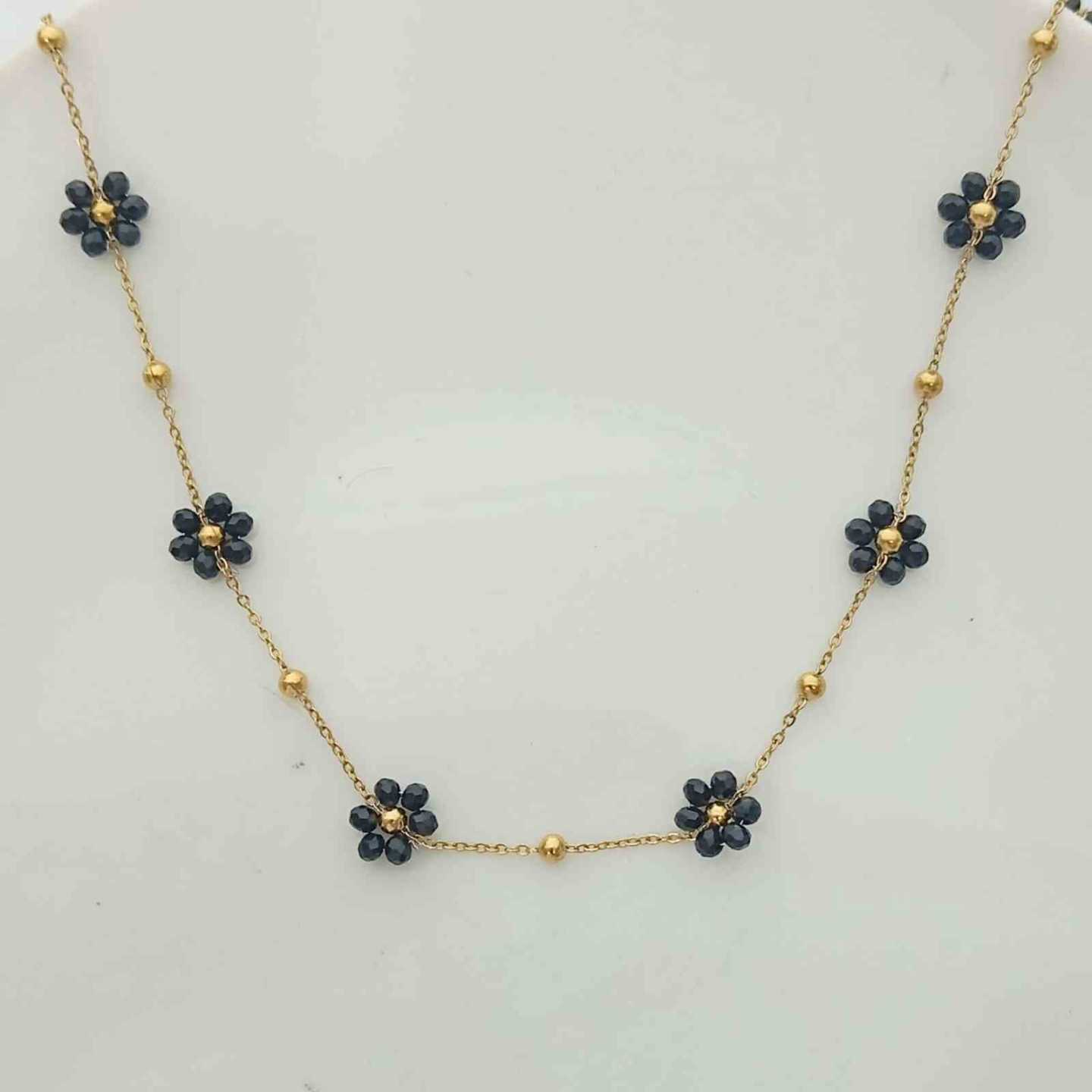Collar de Acero Dorado Cristales Negro Flor 45+5cm 