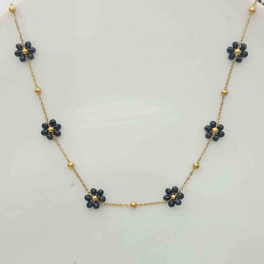 Collar de Acero Dorado Cristales Negro Flor 45+5cm 