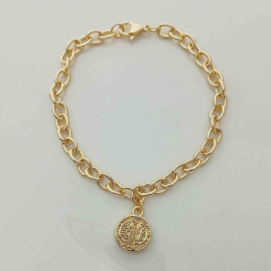 Pulsera Bañado en Oro Eslabon Colg. San Benito