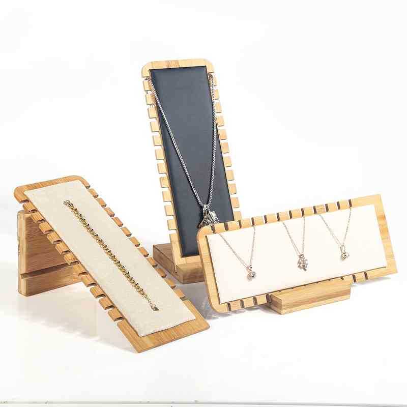 Exhibidor Mostrario Joyería Madera Bambú Eco Cuero Pulseras y Collares Vertical e Inclinado