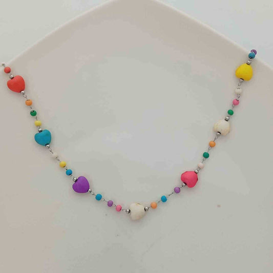 Collar Acero Plateado Corazon Colores 45cm