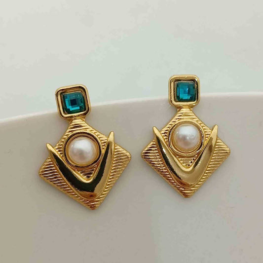 Aro de Acero Quirúrgico Dorado P.L. Verde Colgante Cuadrada y Perla