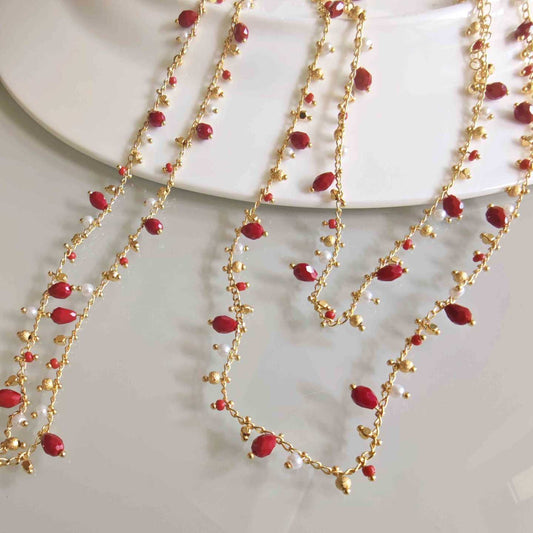 Collar Larga Bañado en Oro 18k Cristales Rojo