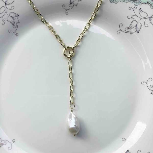 Collar Bañado Oro Colgande Perla Rio Barrocas 60cm