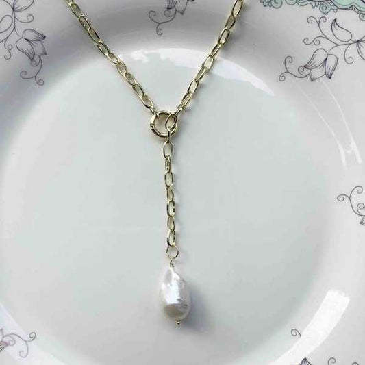 Collar Bañado Oro Colgande Perla Rio Barrocas 60cm