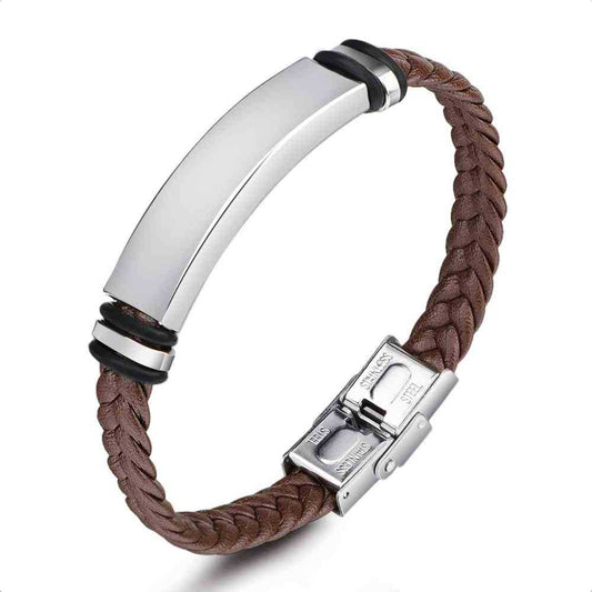 Pulsera Hombre Cuero Trenzada Cafe Placa En Centro