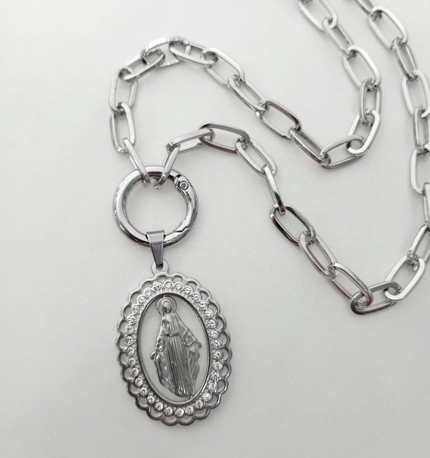 Collar Bañado Plata Colgante Virgen Layor Grande 50cm