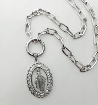 Collar Bañado Plata Colgante Virgen Layor Grande 50cm