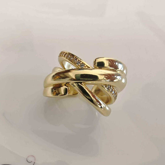 Anillo Bañado en Oro Ancho 3 Lineas Circones Cruzado Ajustable