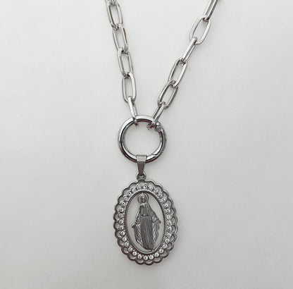 Collar Bañado Plata Colgante Virgen Layor Grande 50cm