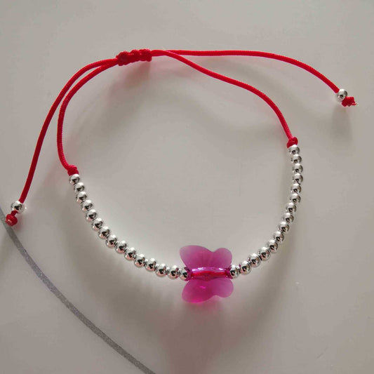 Pulsera Plata925 Hilo Rojo Pelotita Cristal Mariposa Rosa