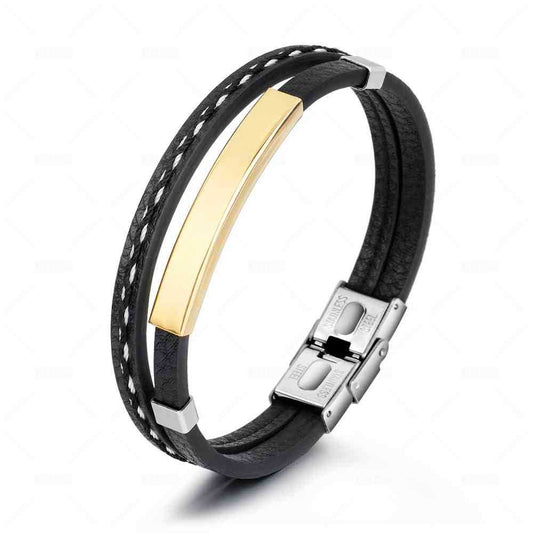 Pulsera Hombre Cuero Negro Medio Dorado