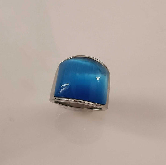 Anillo Acero inoxidable Plateado Curvo Ojo Gato Azul